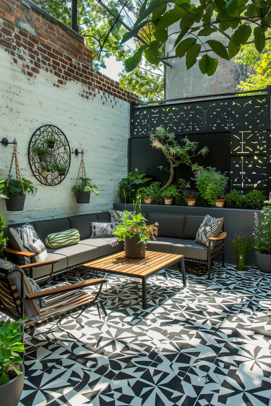A cozy outdoor patio with patterned floor tiles, modern furniture, potted plants, and a white brick wall.