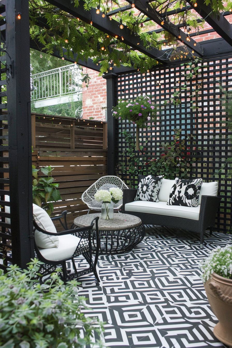 Cozy outdoor patio area with stylish furniture, patterned rug, string lights, and surrounding greenery.