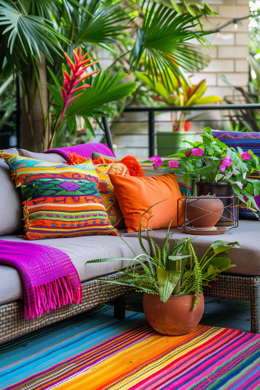 A vibrant outdoor patio with colorful textiles, sunny plants, and lush greenery.
