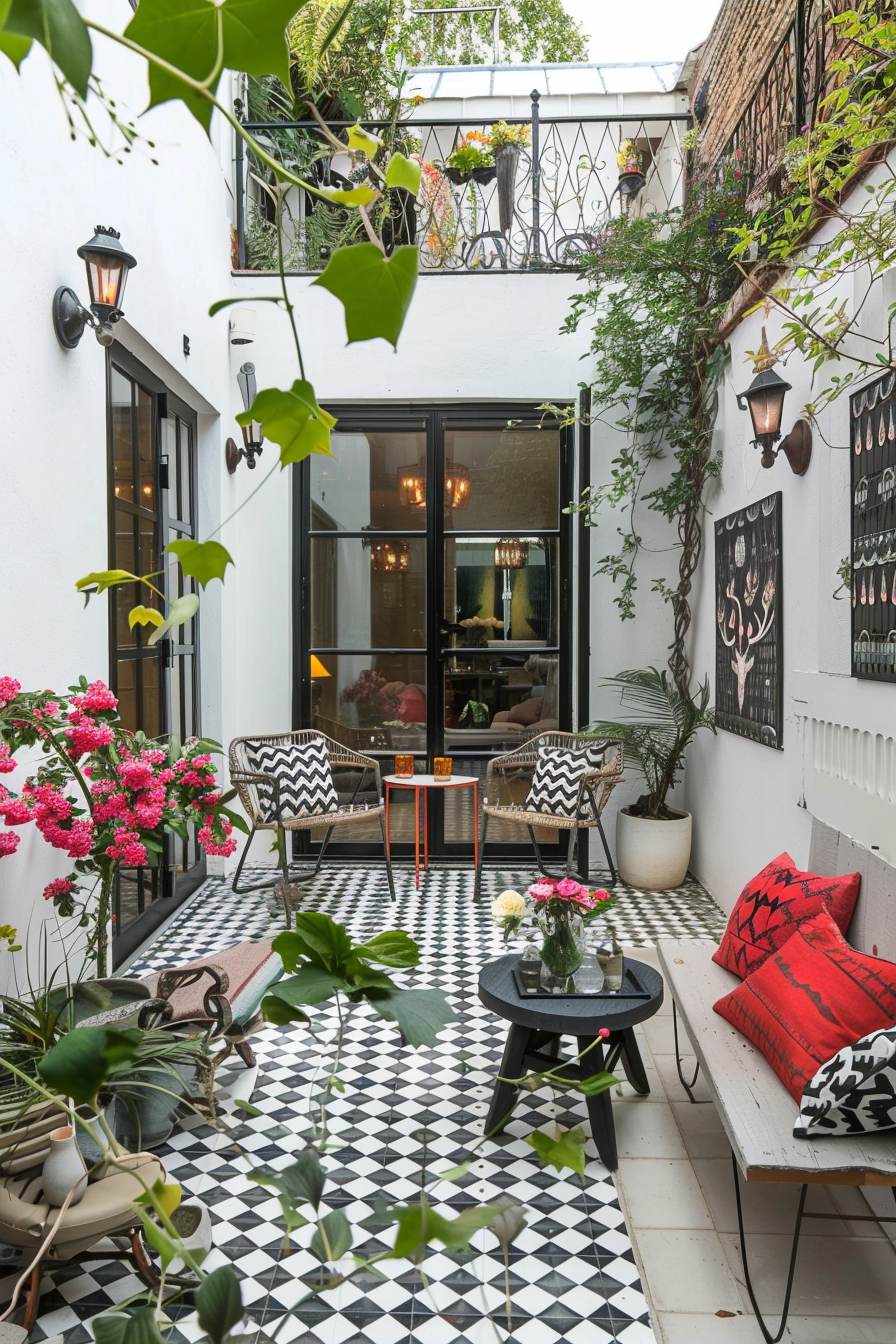 Cozy outdoor patio with black and white checkered floor, potted plants, flower blooms, and stylish seating area with patterned cushions.