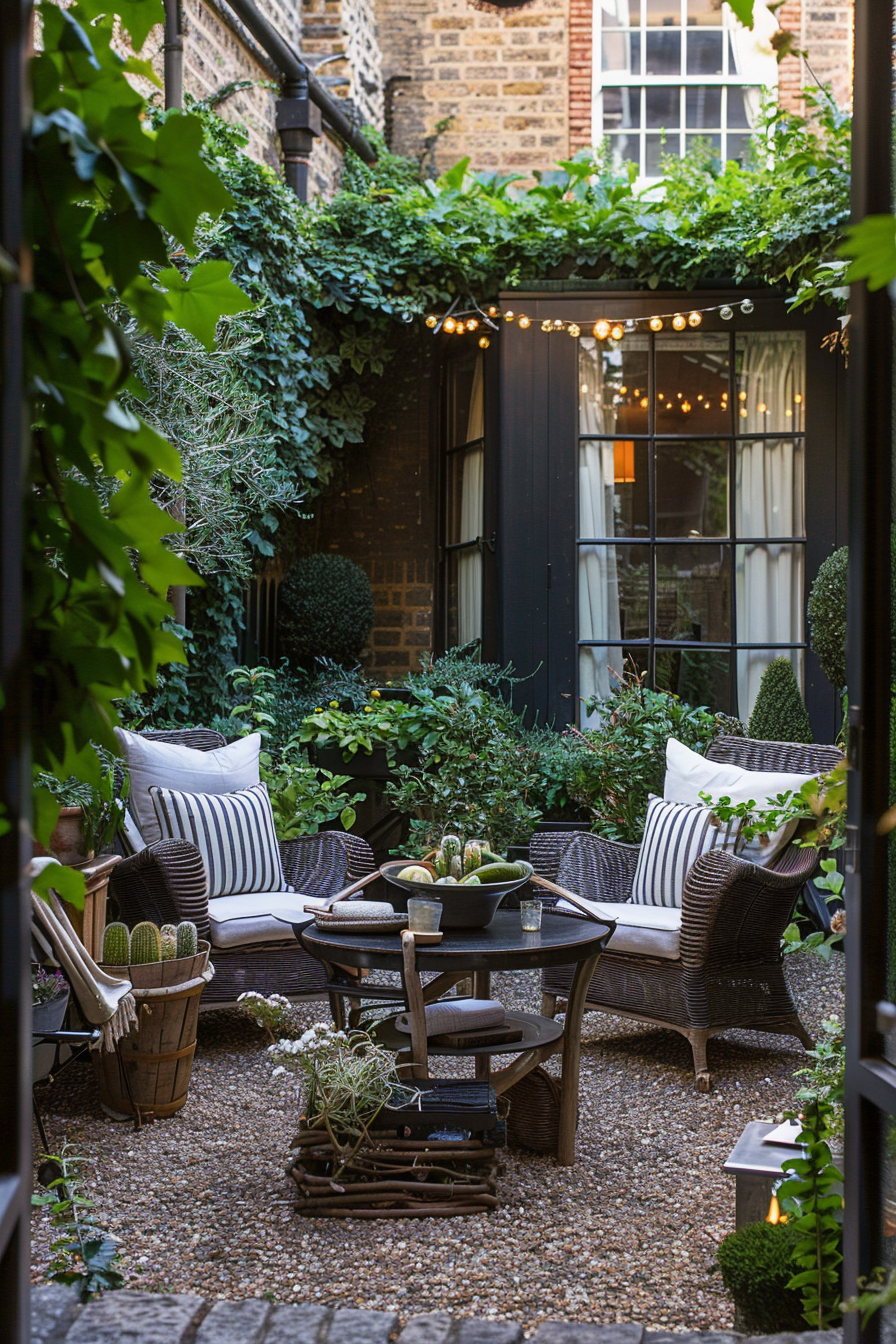 Cozy outdoor patio with wicker furniture, pillows, string lights, and surrounded by lush plants and brick buildings.