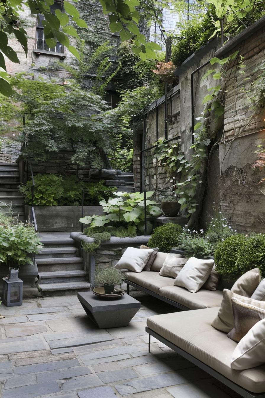 Cozy outdoor patio with stone flooring, lush greenery, cushioned seating, and steps leading to an upper garden level.