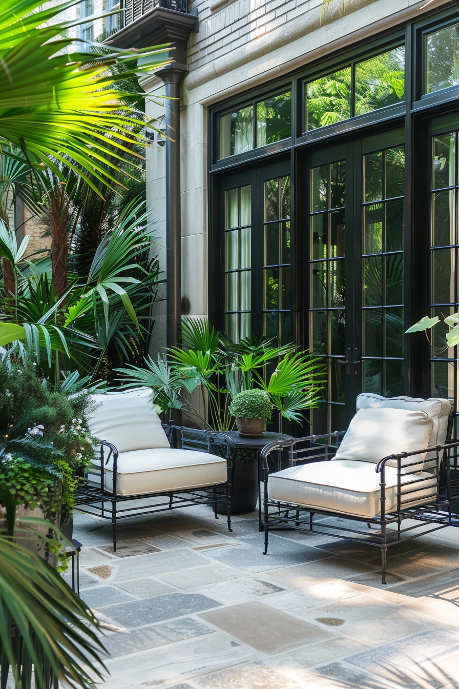 A serene outdoor patio with two lounge chairs surrounded by lush green foliage and tall windows.