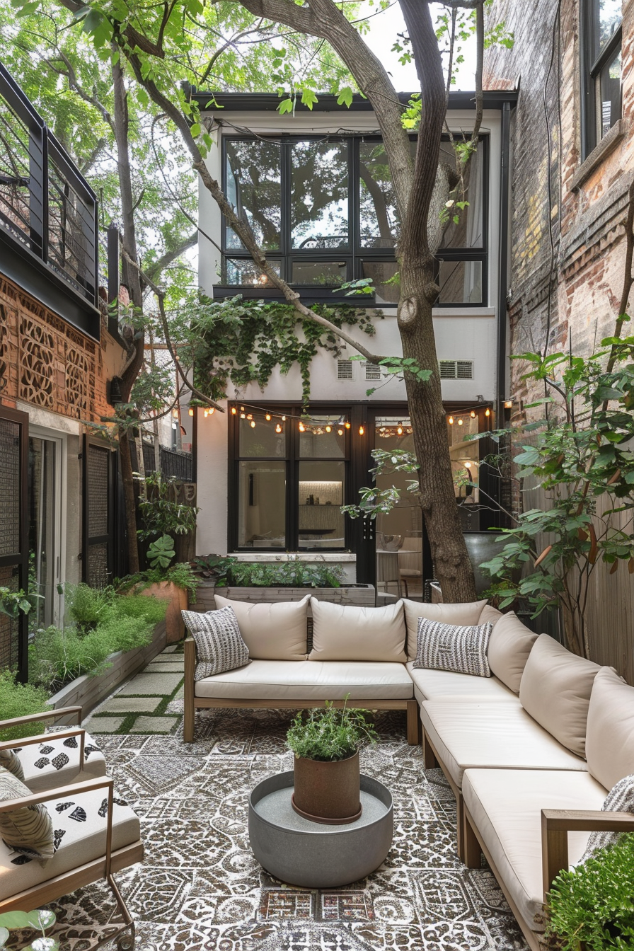 Cozy outdoor patio with L-shaped sofa, pillows, a fire pit table, surrounded by lush greenery and lit by string lights. Brick buildings and a tree frame the space.