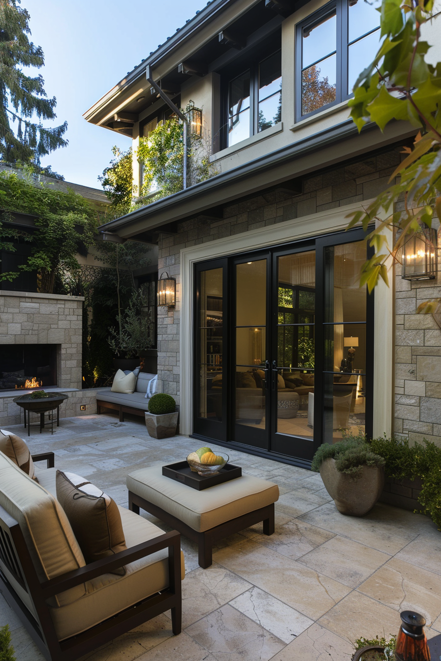 ALT: A cozy outdoor patio with seating, a firepit, and overhead string lights by an elegant home with large glass doors and stone walls.