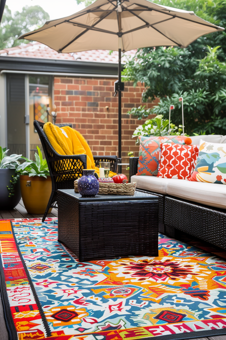 Colorful outdoor seating area with patterned rug, wicker furniture, bright cushions, and a patio umbrella.