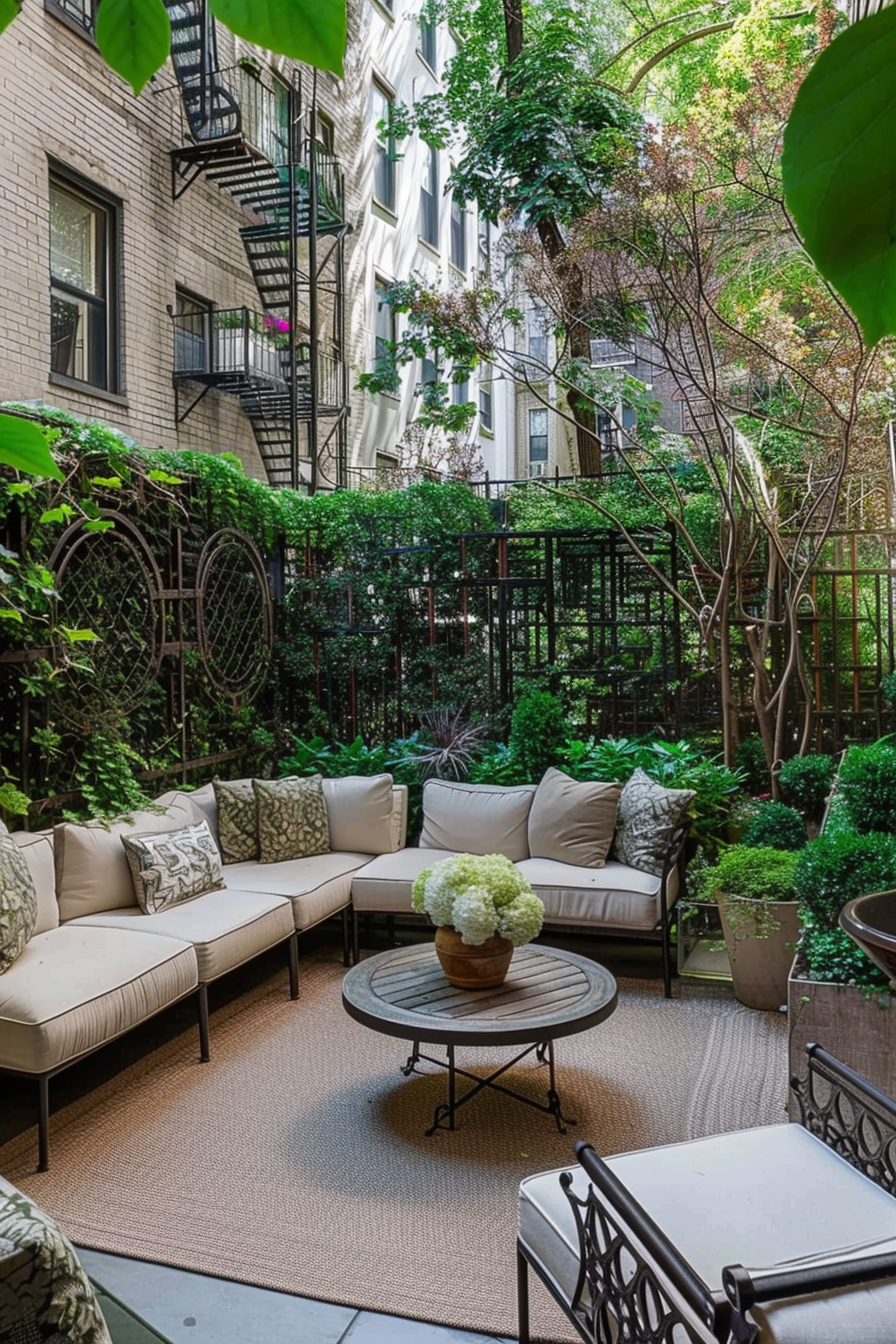 An inviting outdoor patio with beige cushioned seating, greenery, and decorative ironwork amidst urban apartment buildings.