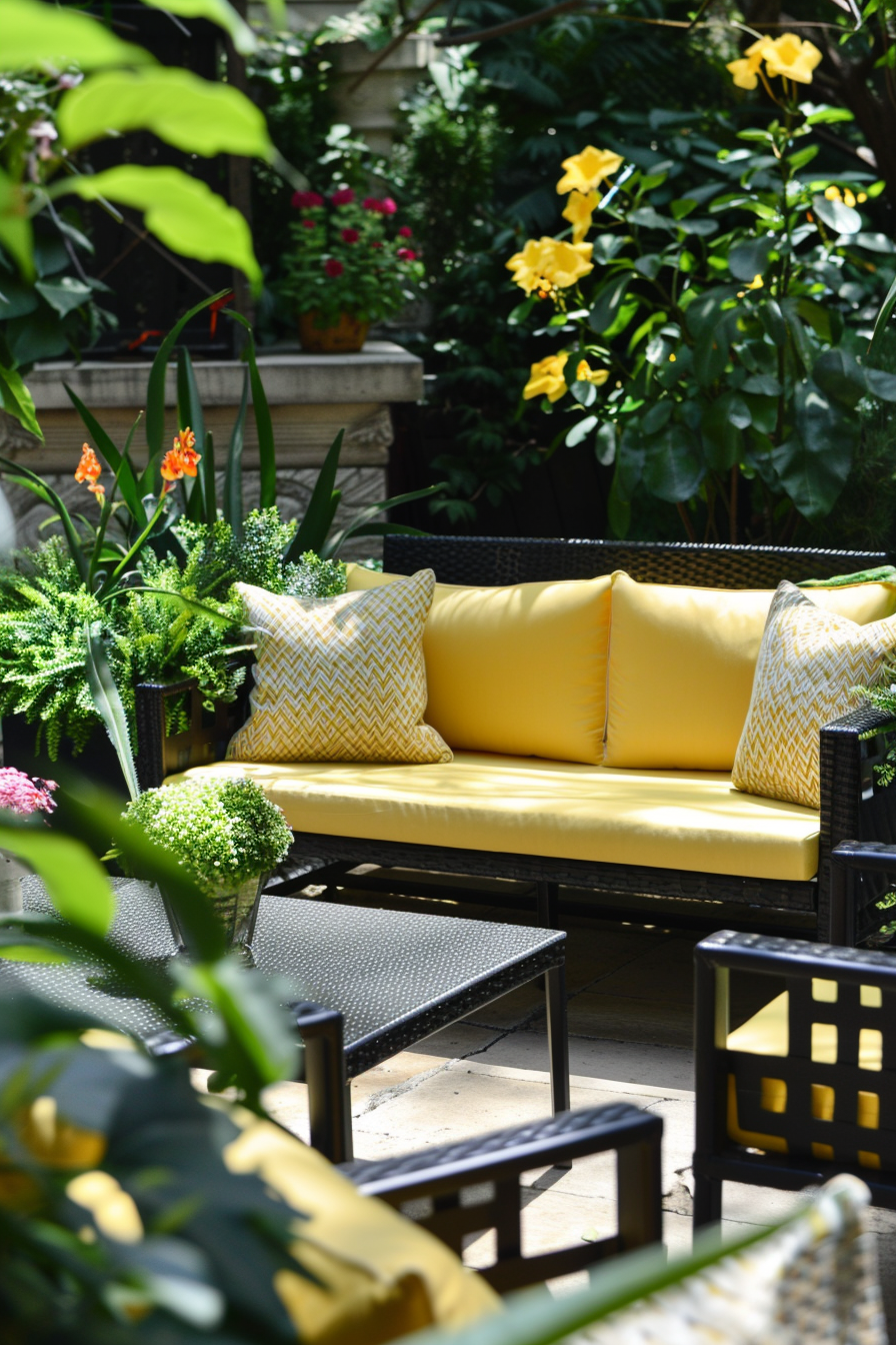 "Cozy outdoor garden seating with a yellow cushioned sofa and patterned pillows surrounded by lush greenery and blooming flowers."