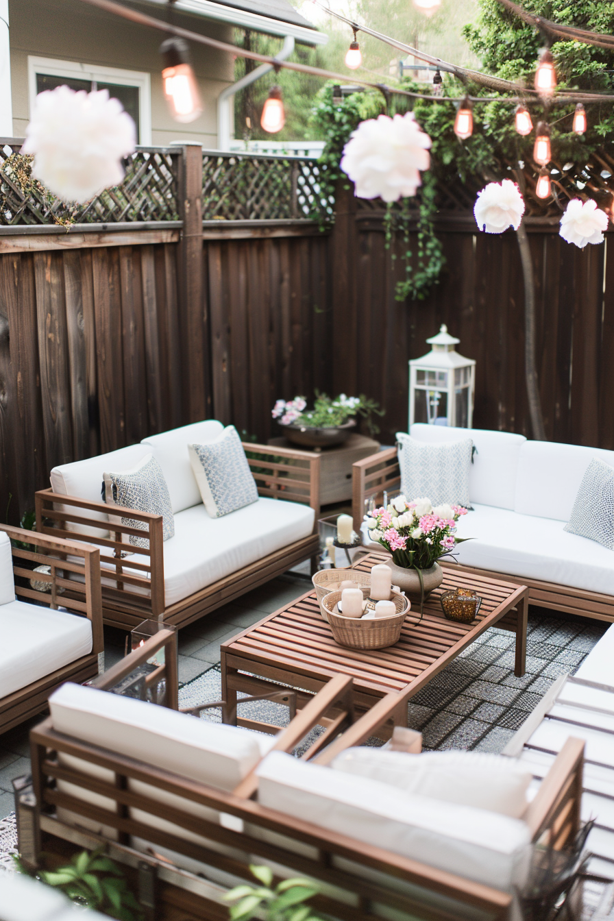 Cozy outdoor patio setup with wooden furniture, white cushions, hanging lanterns, and decorative lights at dusk.