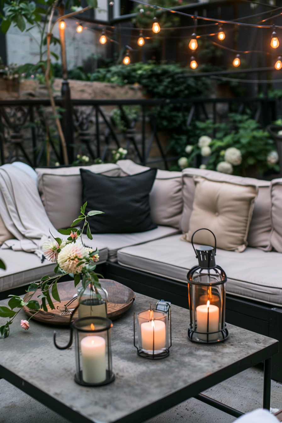 Cozy outdoor seating area with cushions, string lights above, and candles on a table creating a warm ambiance.
