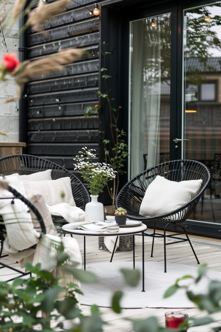 Cozy outdoor seating area with two black wicker chairs, white cushions, and a small table with a vase of flowers.
