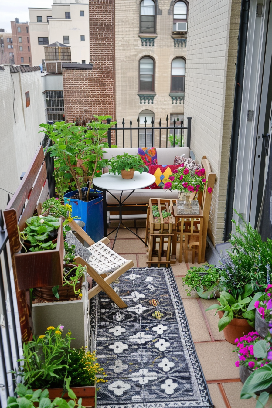 A cozy apartment balcony decorated with plants, flowers, a patterned rug, and a small dining set, creating an urban oasis vibe.