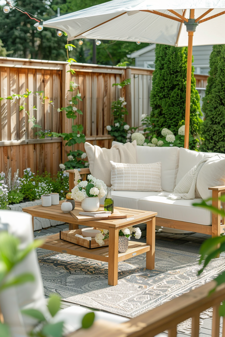 Cozy outdoor patio area with a sofa, wooden table, string lights, and a white umbrella surrounded by a wooden fence and greenery.