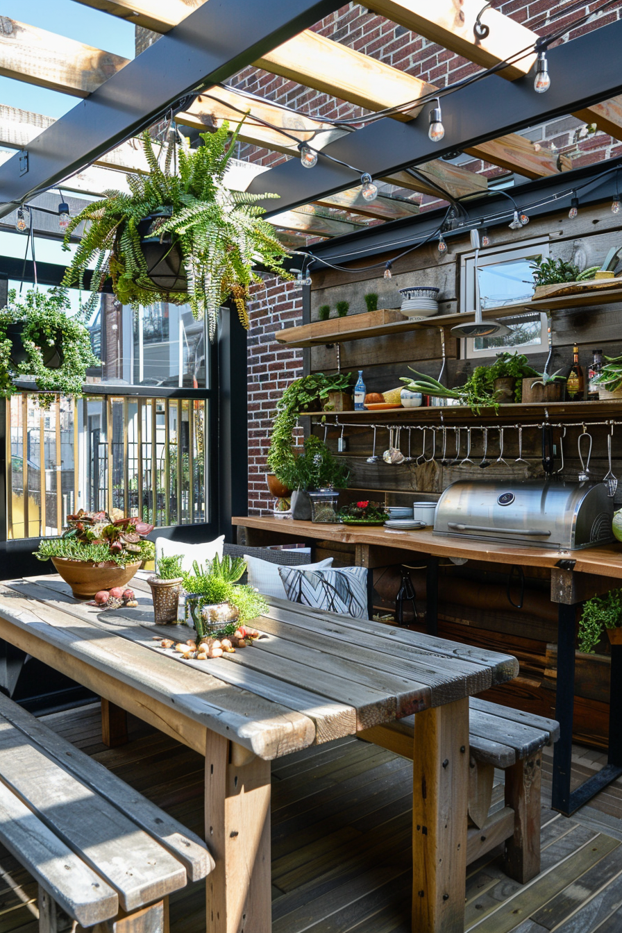 A cozy outdoor kitchen on a patio with hanging plants, a wooden dining set, a grill station, and shelves with kitchenware and plants.