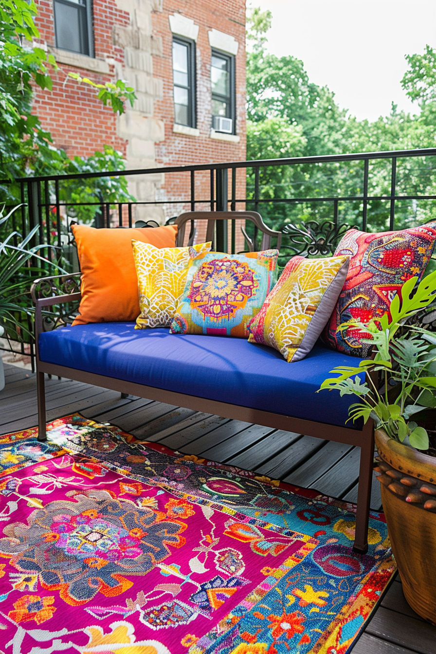 A cozy balcony space with a blue bench adorned with colorful pillows, vibrant rug on the deck, and surrounding green plants.