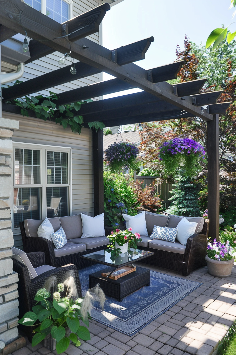 Cozy outdoor patio with wicker furniture, cushions, and flowering plants under a pergola with hanging lights.