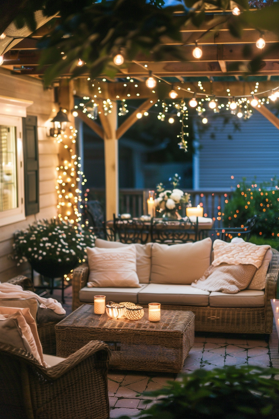 Cozy outdoor patio with string lights, plush seating, candles, and warm blankets at dusk.