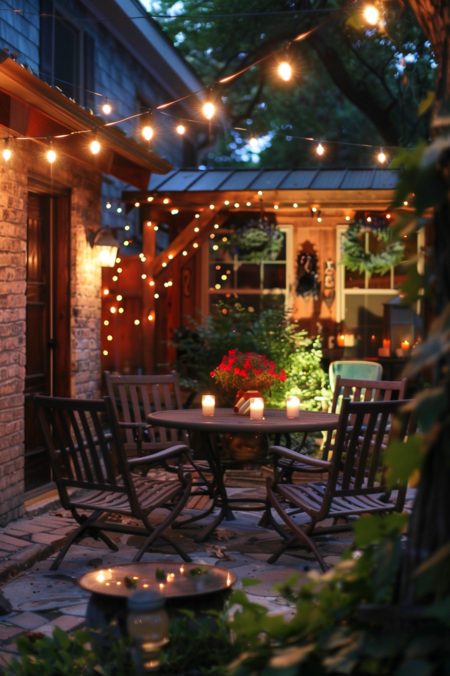 Cozy outdoor patio at dusk with string lights, wooden furniture, and candles providing a warm ambiance.