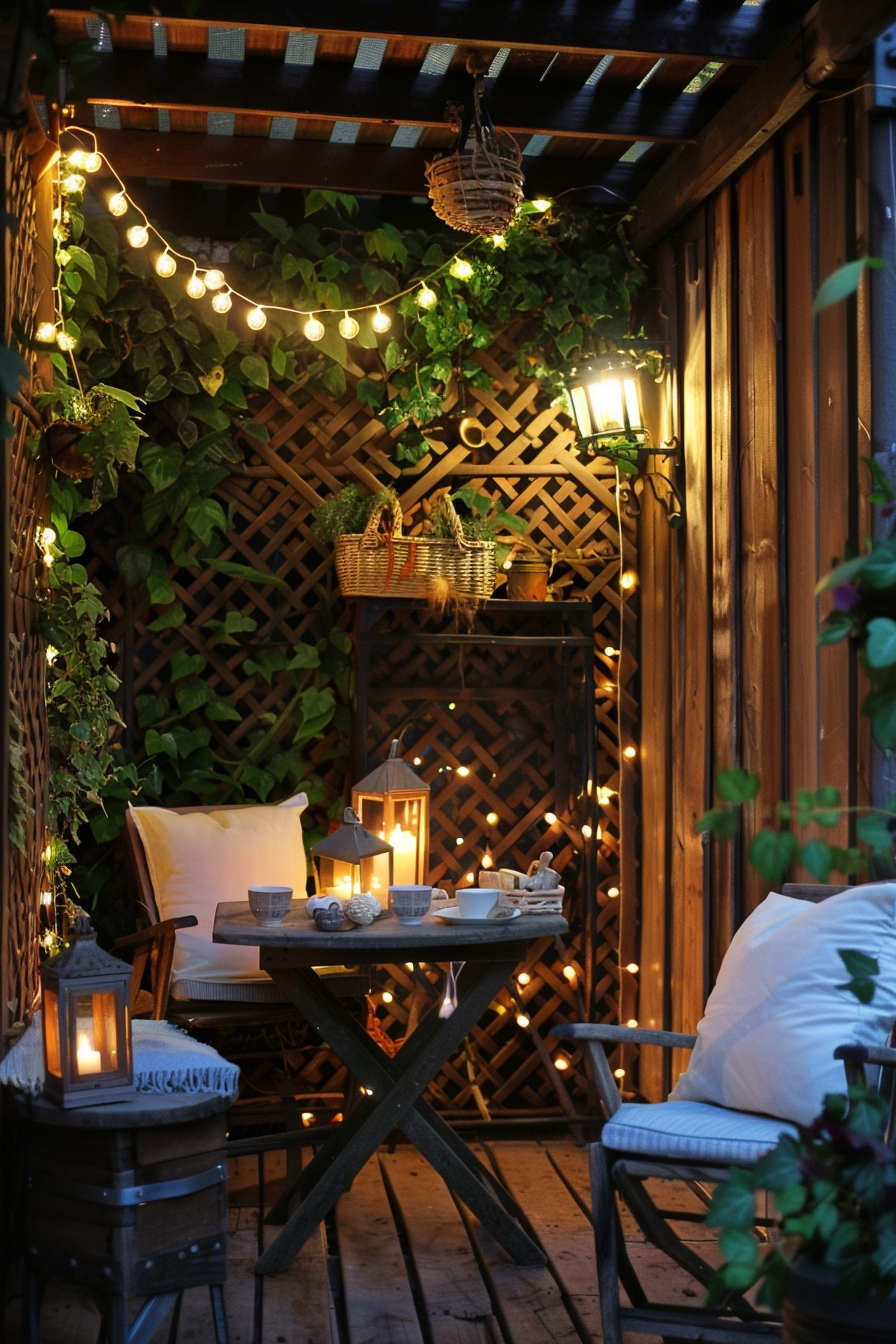 Cozy evening setting on a patio with string lights, candles, plants, and a table set for an intimate gathering.