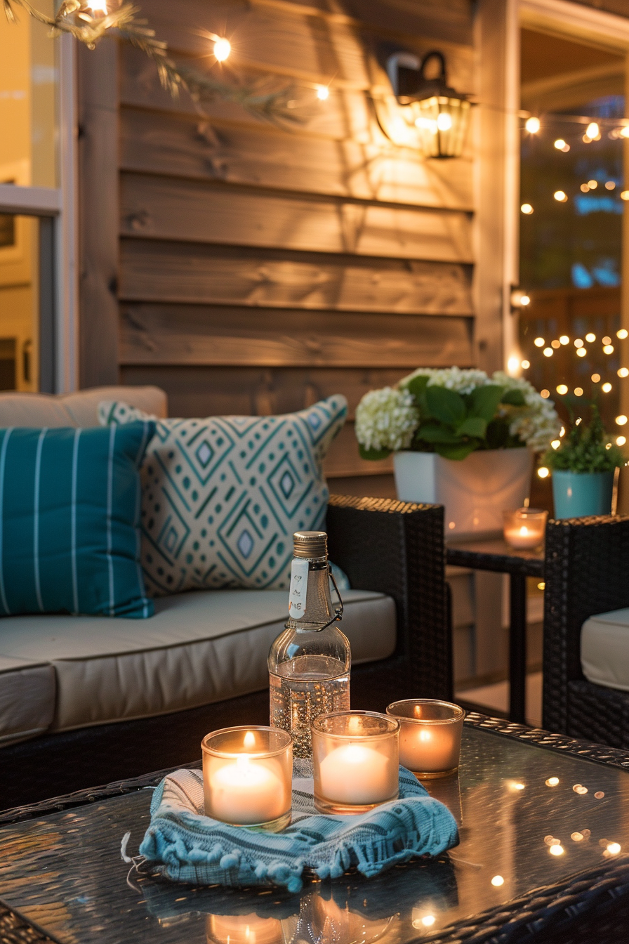 A cozy outdoor seating area at dusk with lit candles on a table, twinkling string lights, and decorative cushions.