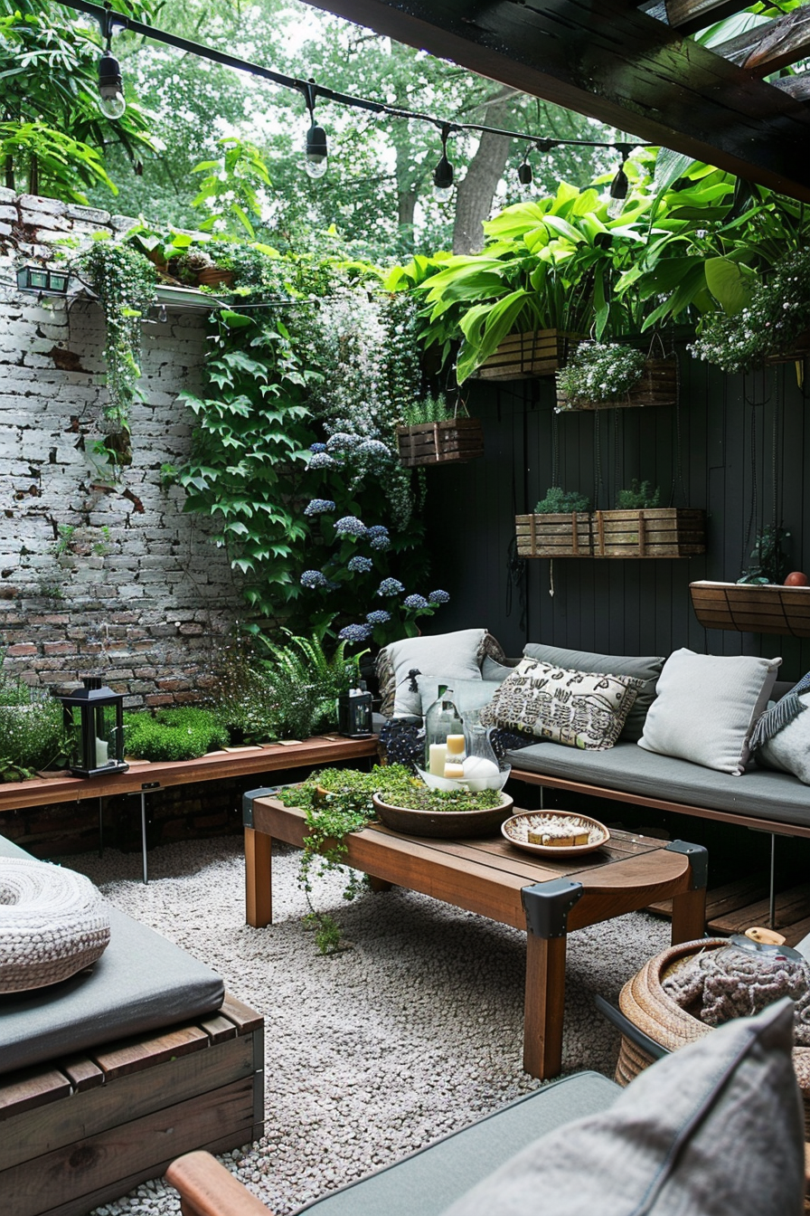 Cozy outdoor patio with string lights, wooden furniture, cushions, and lush greenery against a brick wall.