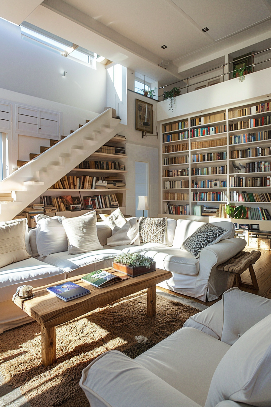 Warmly lit living room with white couches, a staircase, bookshelves, and skylight windows.