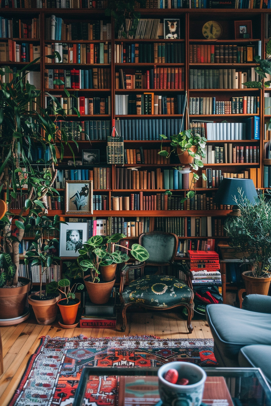 Cozy reading nook with floor-to-ceiling bookshelves, plants, vintage furniture, and colorful rugs.