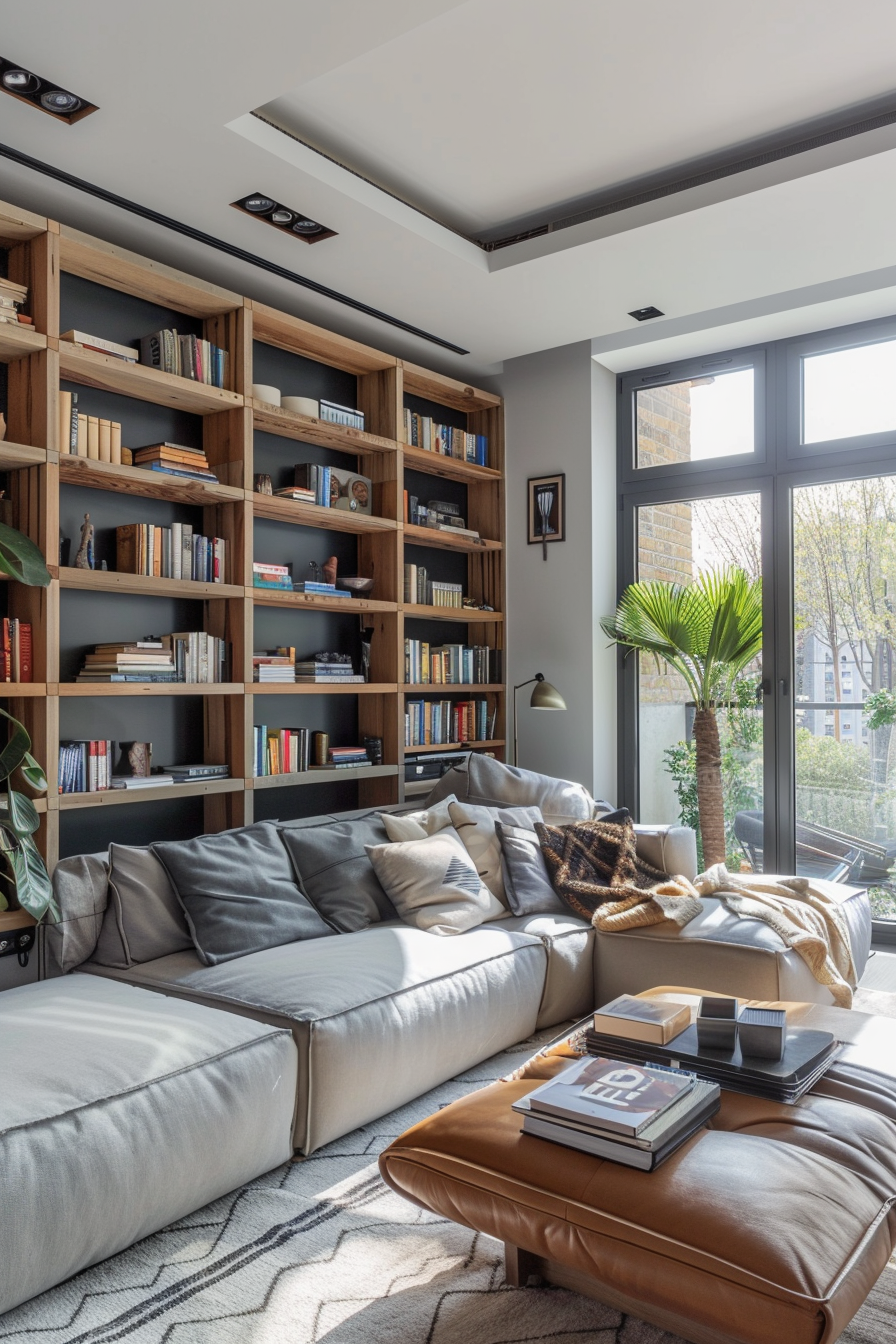 Cozy living room with a large bookshelf, comfortable sofa, leather ottoman, and a view of trees through the window.