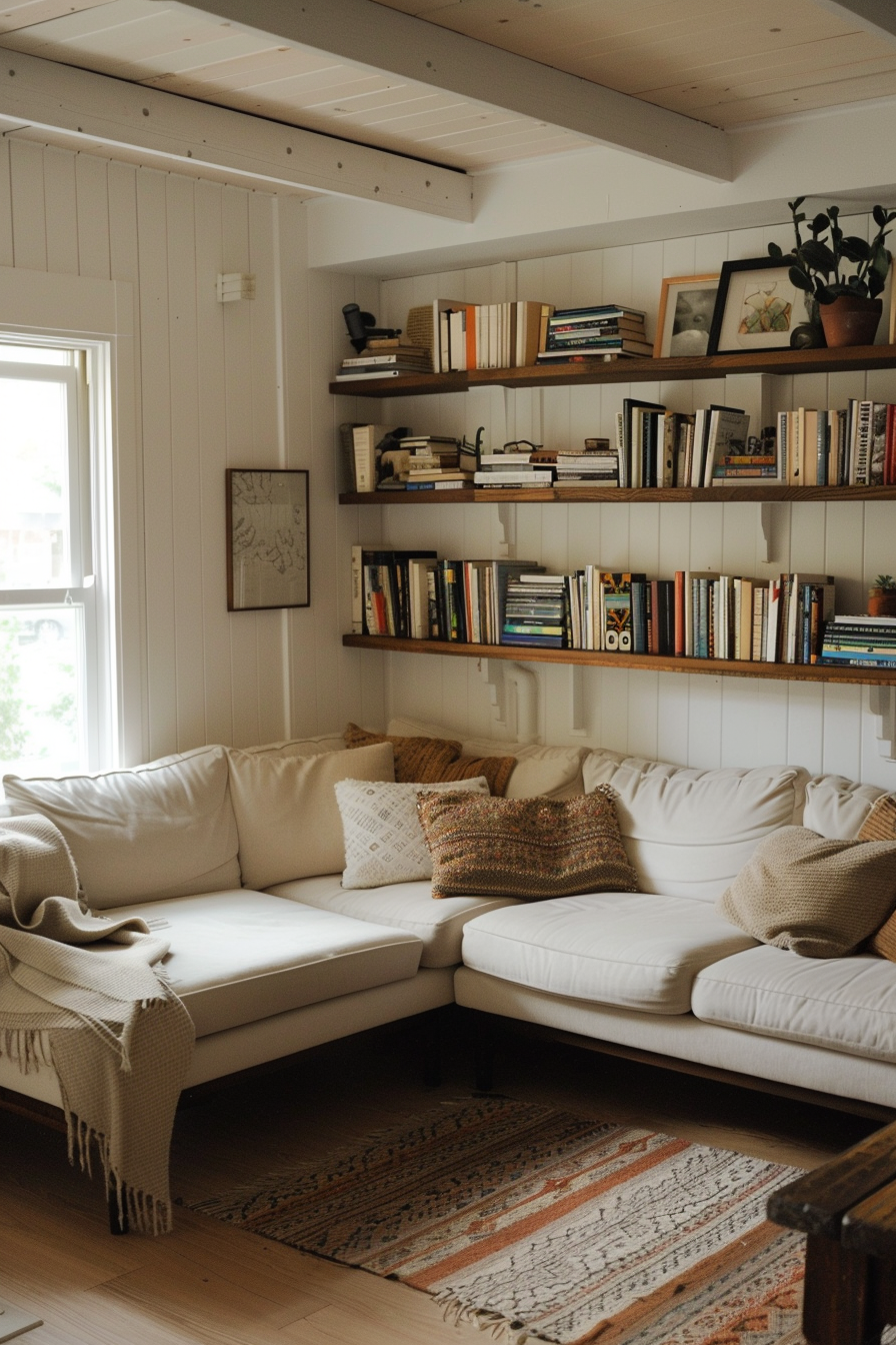 A cozy living room corner with a white sectional sofa, decorative pillows, a woven throw, and bookshelves filled with various books.