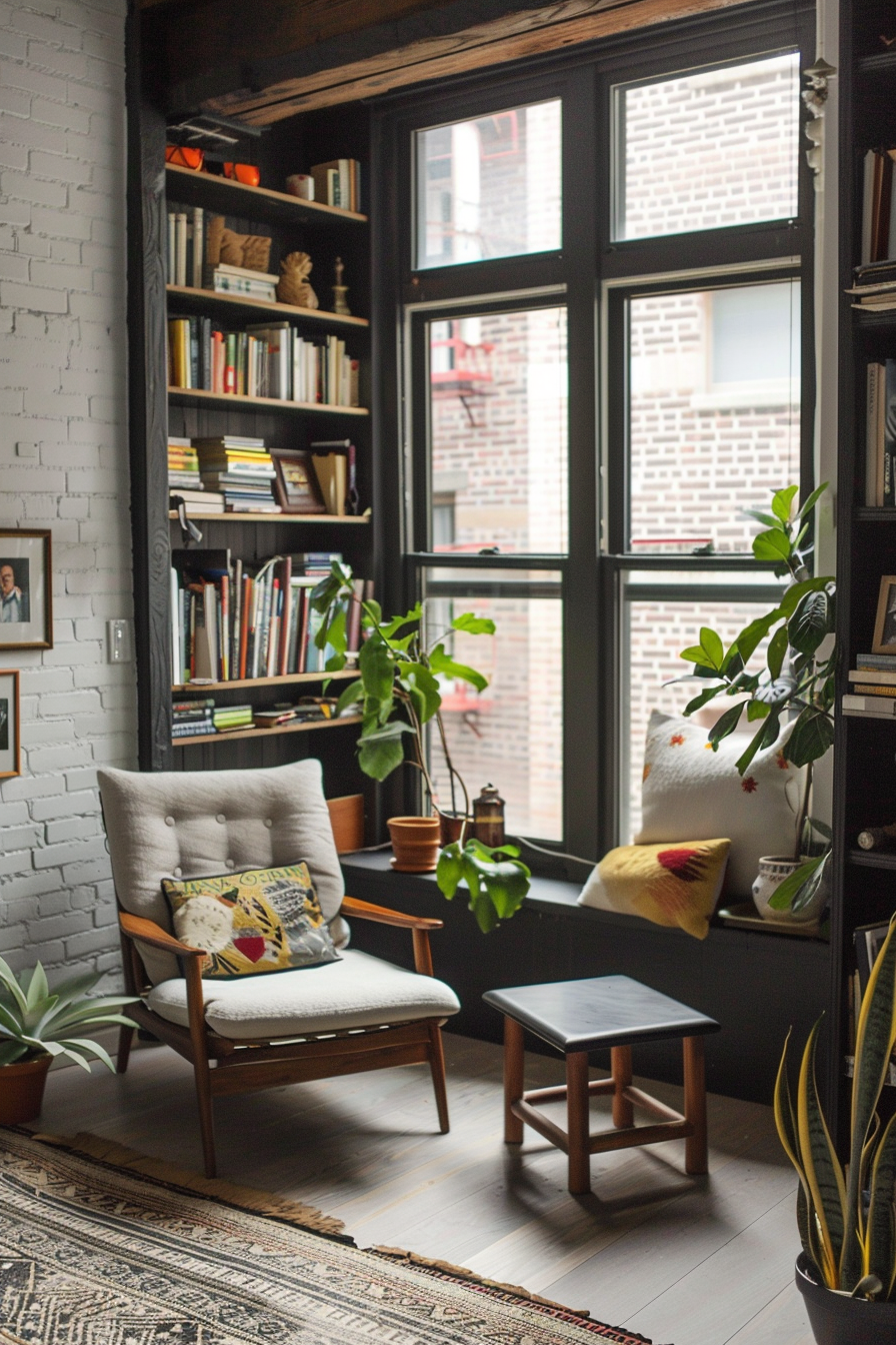 Cozy reading nook with armchair, bookshelf, plants, and large windows letting in natural light.