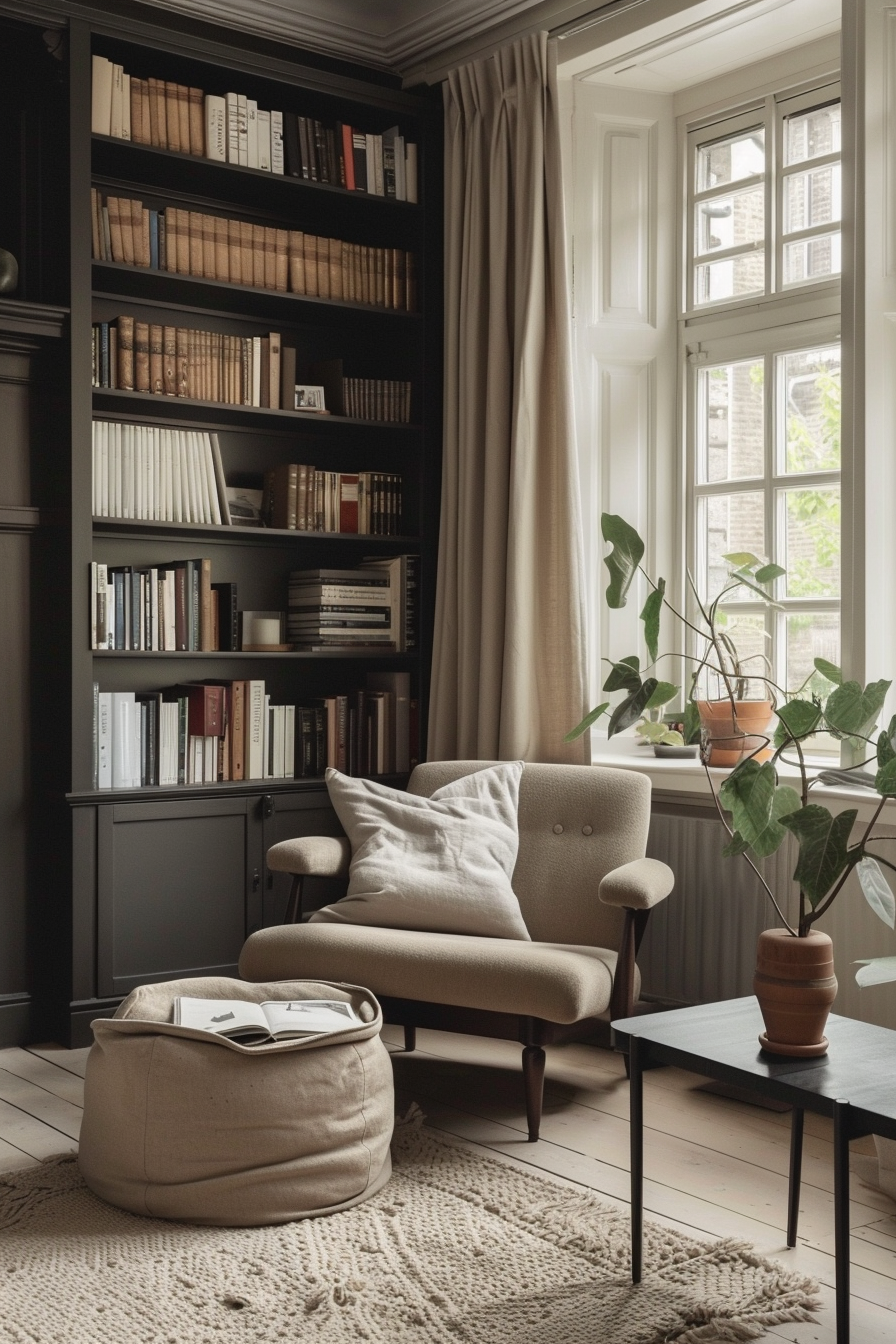 A cozy reading nook with an armchair, bookshelf, beanbag with a book, potted plant, and natural light from a window.