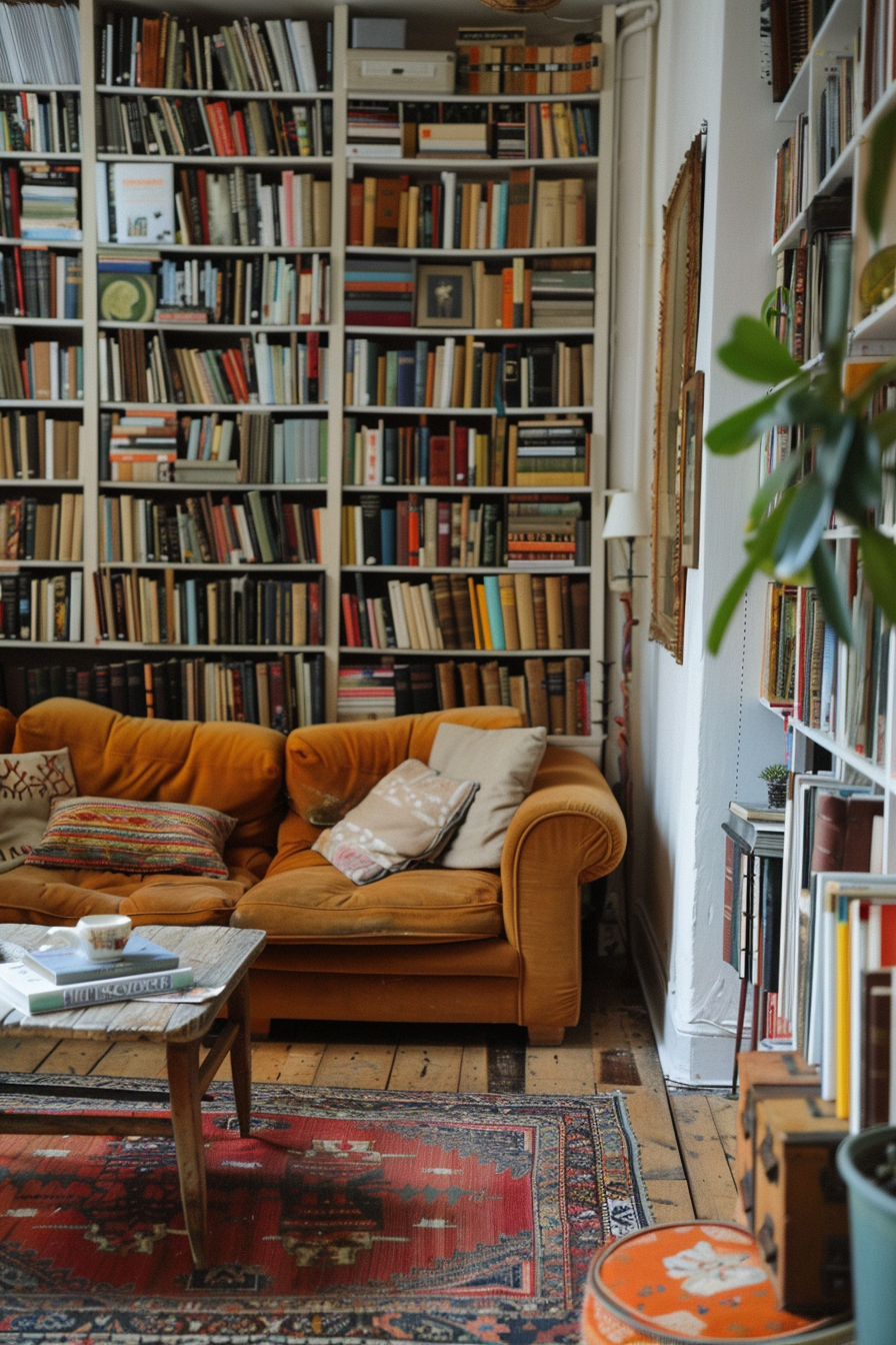 A cozy reading nook with a plush orange sofa, surrounded by bookshelves filled with books, a patterned rug, and a wooden coffee table.