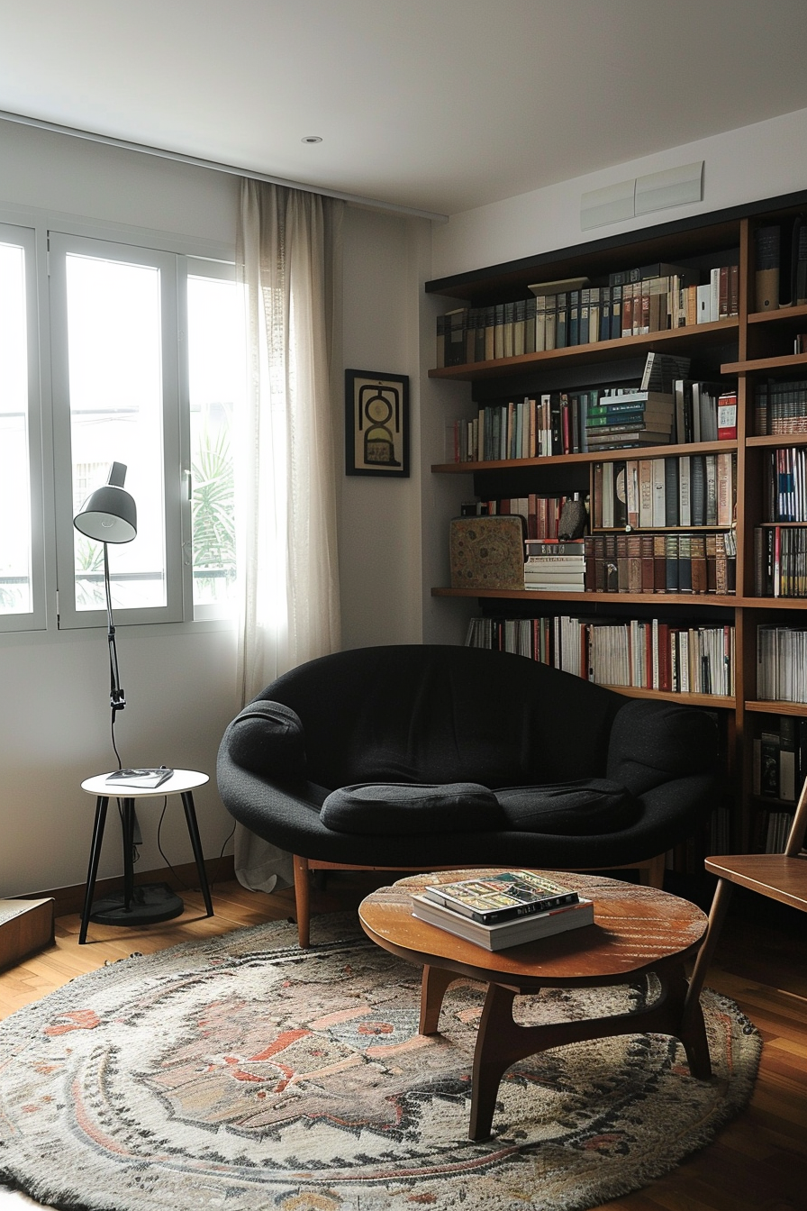 Cozy reading corner with a round table, black sofa, floor lamp, and bookshelves full of books by a window with curtains.