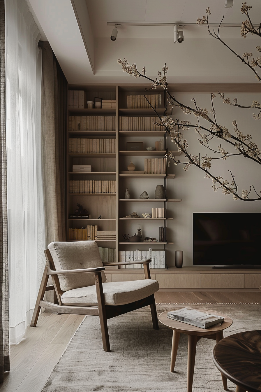 A cozy modern living room with a bookshelf, comfortable armchair, side table, and a television, accented by a cherry blossom branch.