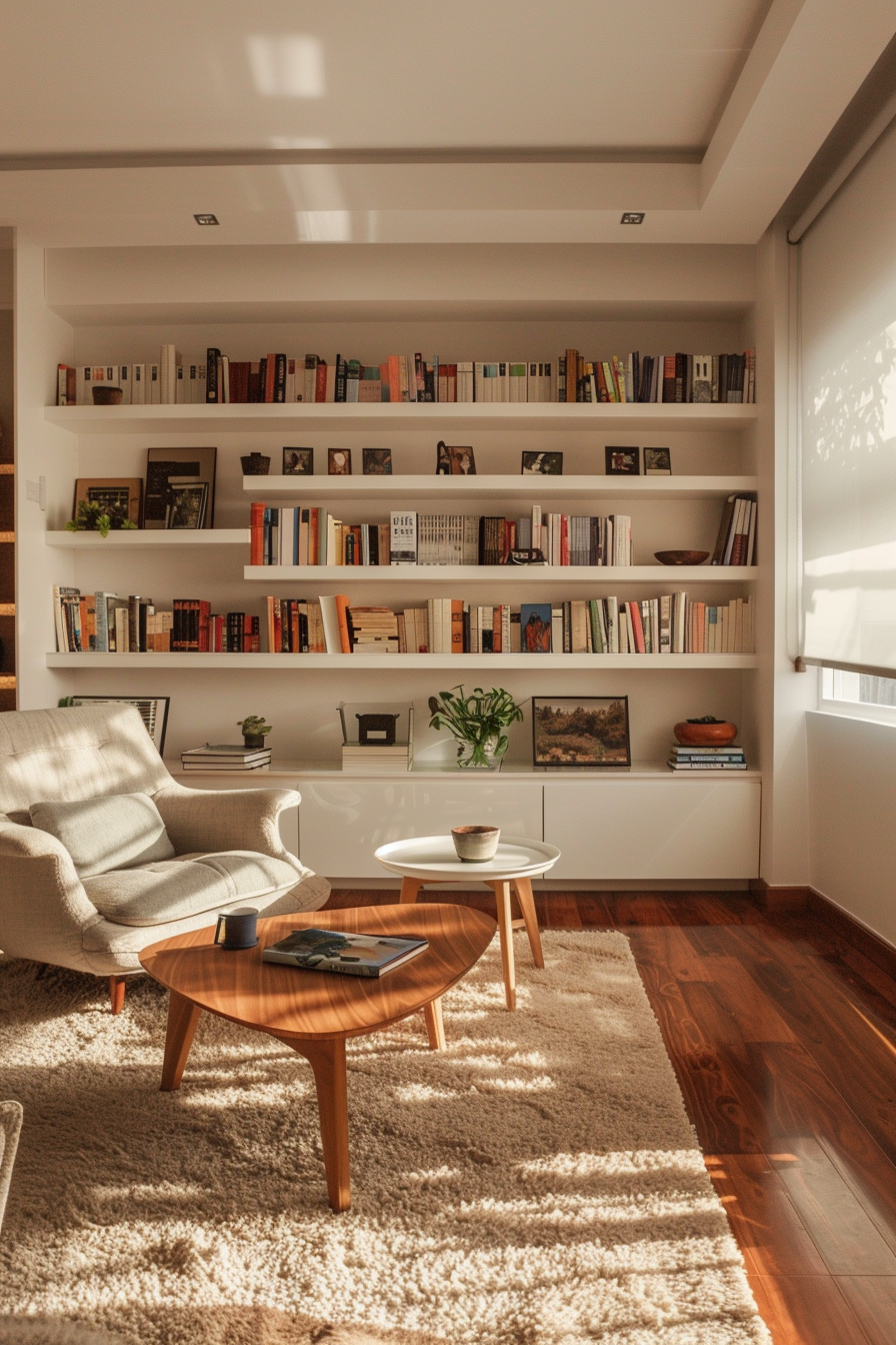 Cozy living room with sunlight filtering in, showcasing a bookshelf, armchair, coffee table, and plush carpet.