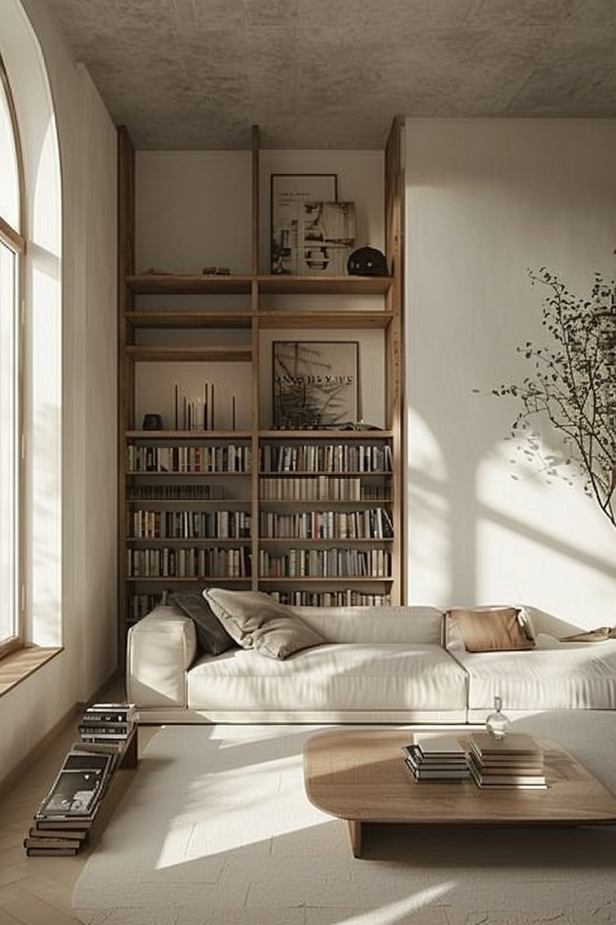 A cozy, sunlit living room with a large bookshelf, comfortable white sofa, wooden coffee table, and artistic decorations.