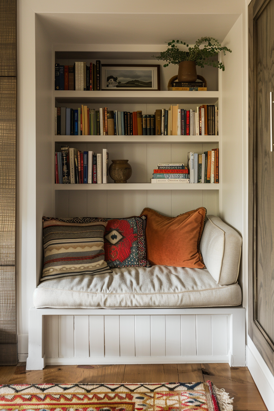 Cozy reading nook with cushioned bench, decorative pillows, and a built-in bookshelf filled with books above, adorned with a potted plant.