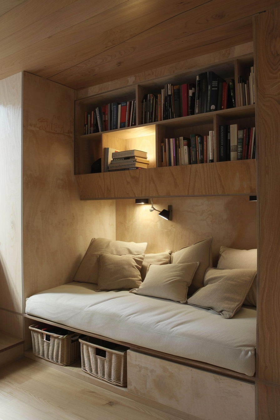 Cozy wooden nook with a built-in bookshelf above a daybed, adorned with cushions, and storage baskets underneath.