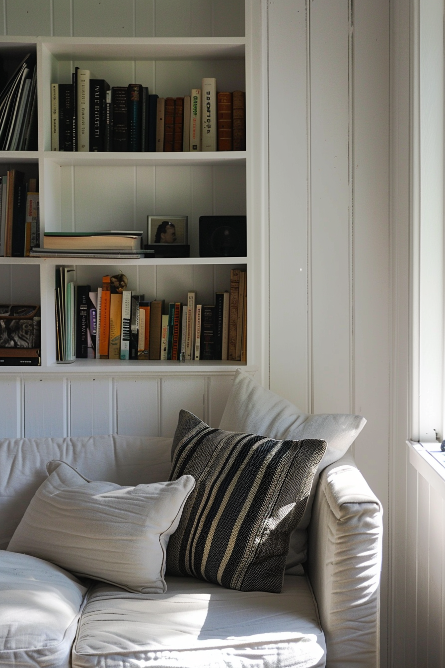 A cozy reading nook with a white cushioned bench, striped pillow, and a full bookshelf against a white paneled wall.