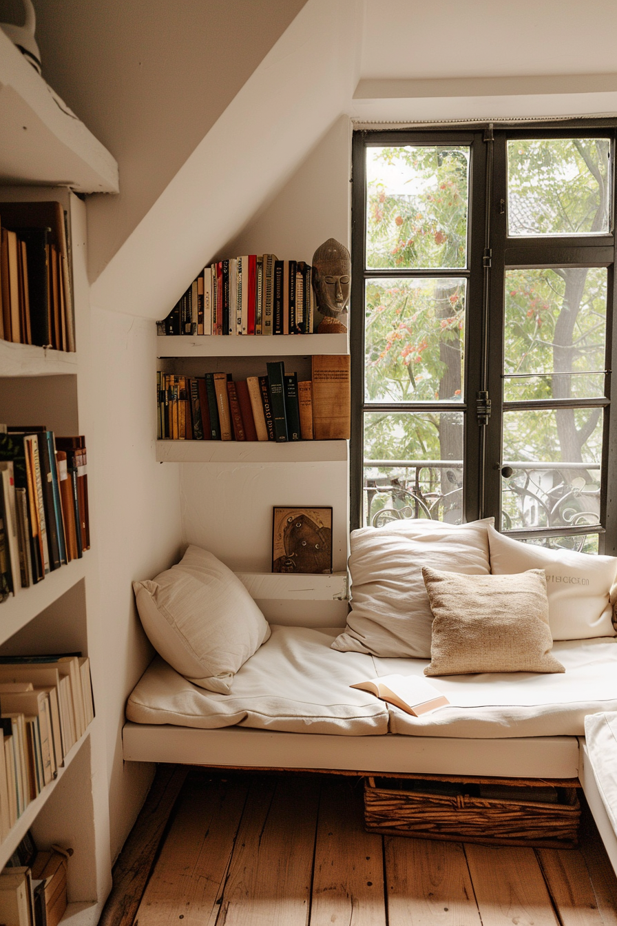 Cozy reading nook with cushions, a bookshelf filled with books, a wooden floor, and a window with a view of greenery outside.