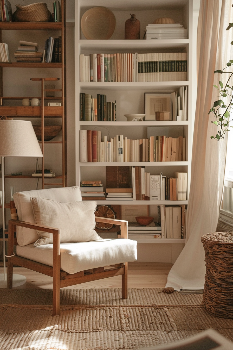 A cozy reading corner with a wooden armchair and floor lamp, surrounded by bookshelves filled with books and decorative items.