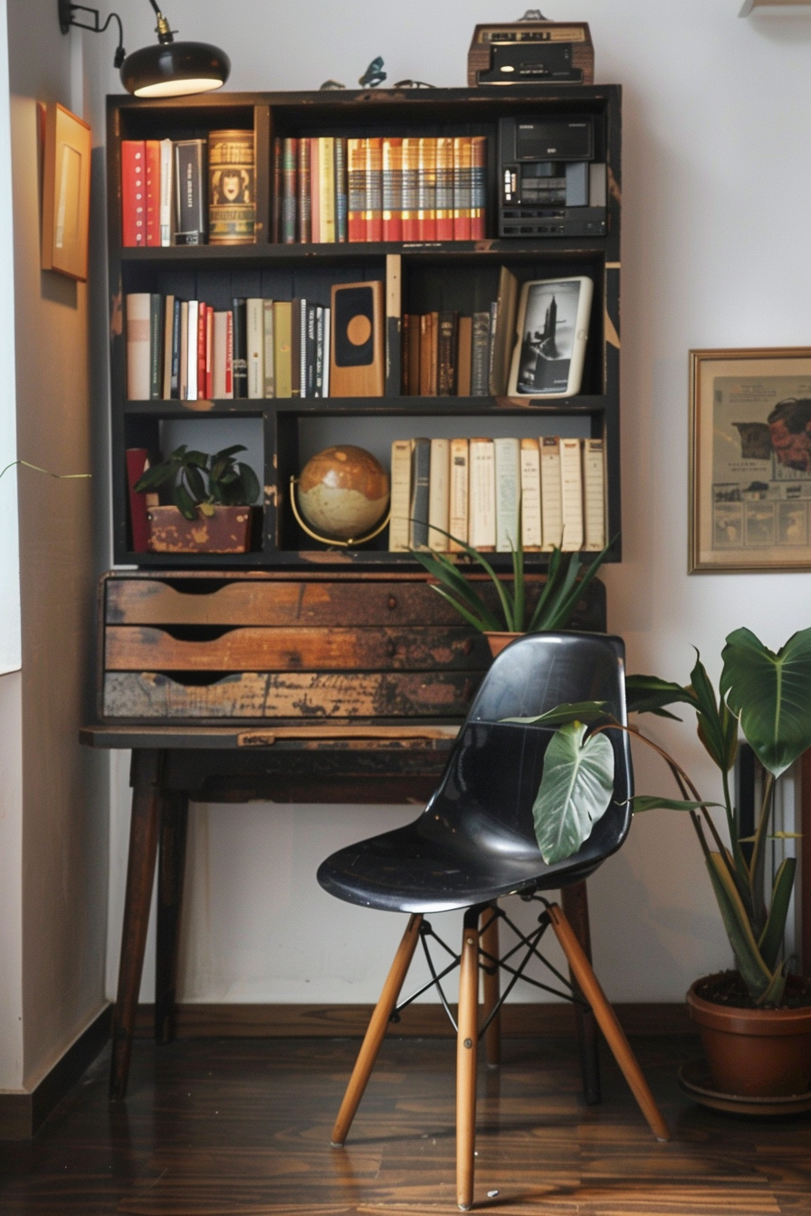 A cozy reading nook with a bookshelf, vintage writing desk, black chair, and indoor plants.