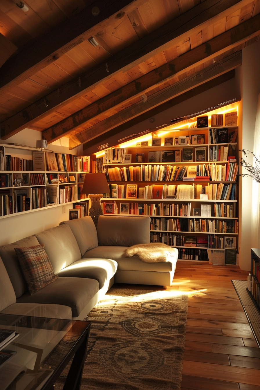 Cozy attic reading nook with comfortable couch, warm lighting, and shelves filled with books.