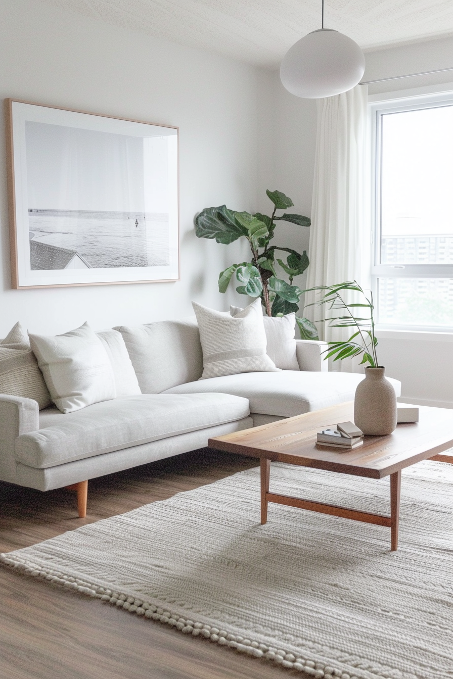 A modern living room with a white sofa, wooden coffee table, large framed artwork, a potted plant, and a spherical pendant light.