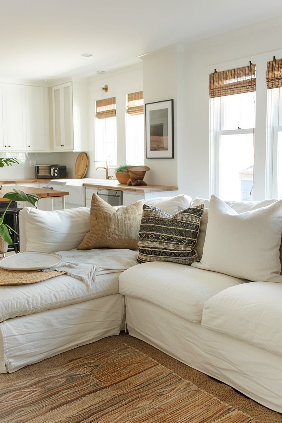 A cozy living room with a white slipcovered sofa, patterned pillows, woven blinds, and a view into a white kitchen.