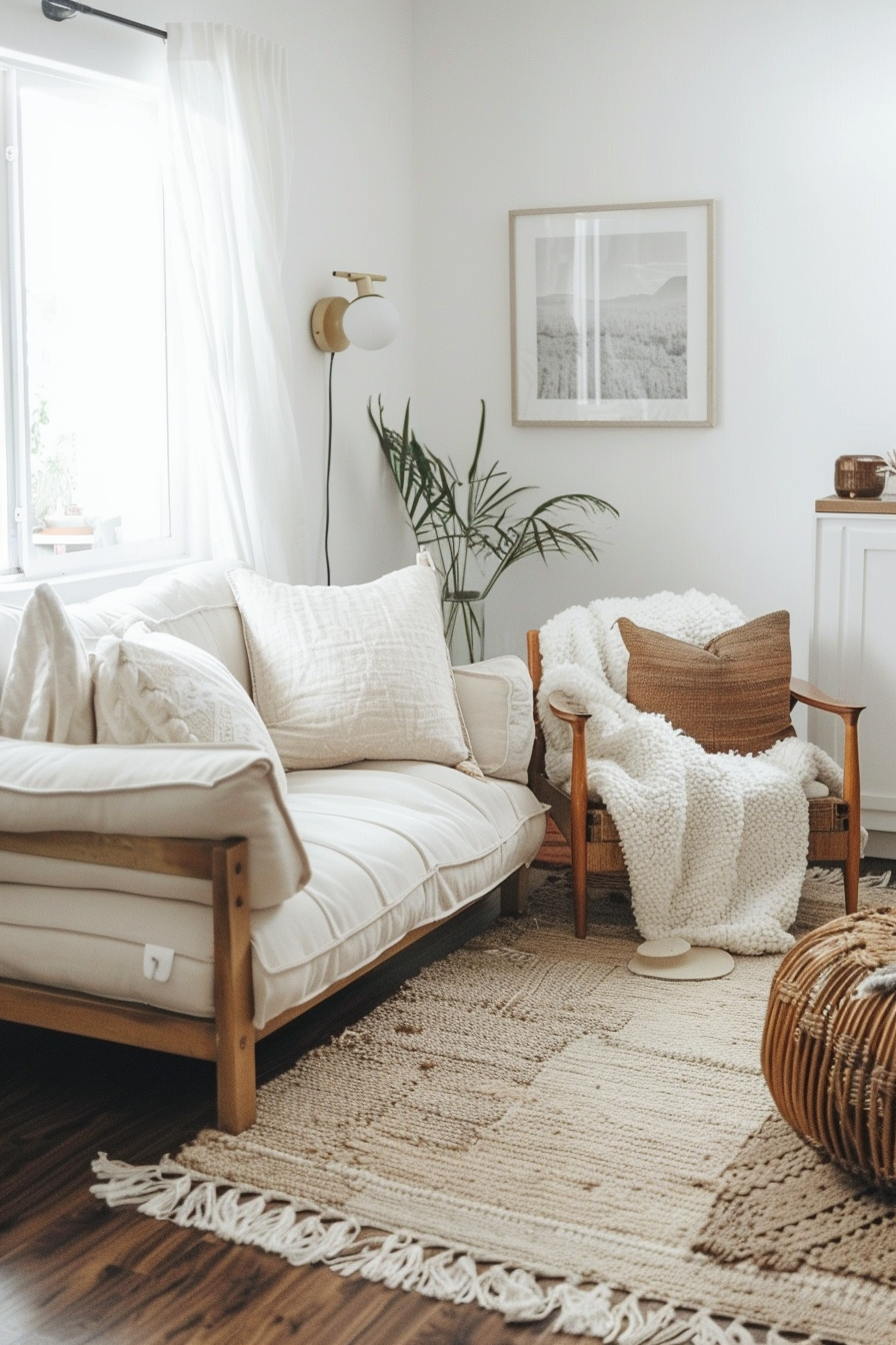 A cozy living room with a white sofa, an armchair, a textured rug, plants, and soft lighting near a window.