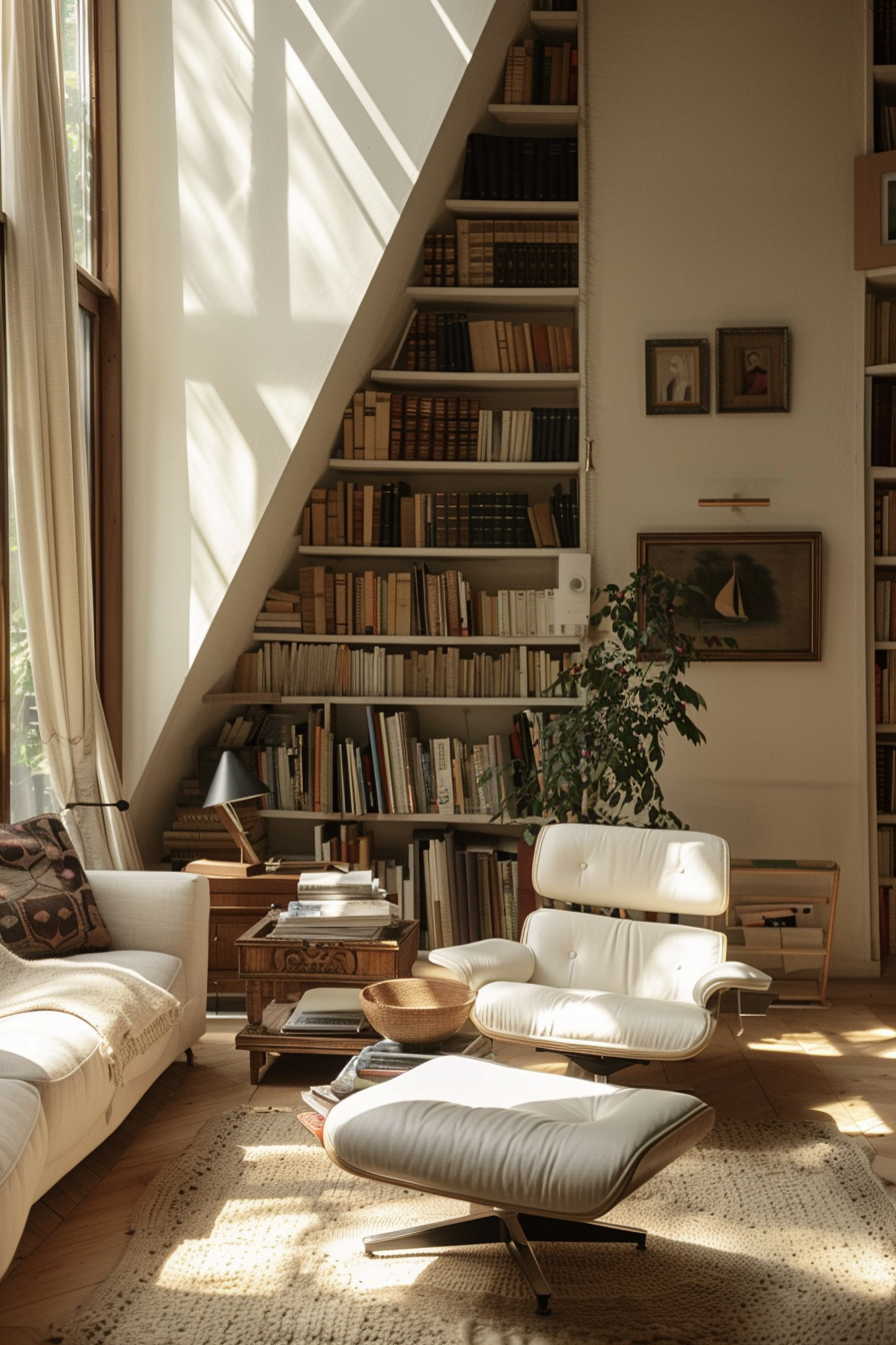 Cozy living room with sunlight casting shadows, featuring a white lounge chair, bookshelves, and a plant.