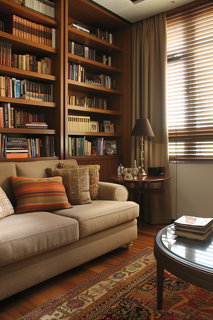 Cozy home study with a beige couch, wooden bookshelves, patterned rug, and a soft glow from the window blinds.