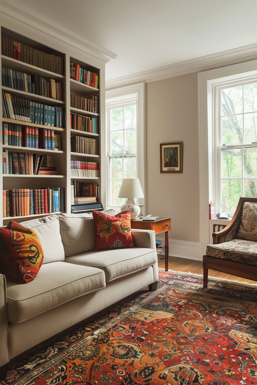 ALT text: "Cozy living room with a beige sofa, ornate rug, wooden furniture, bookshelves filled with books, and framed art by a window with greenery outside."