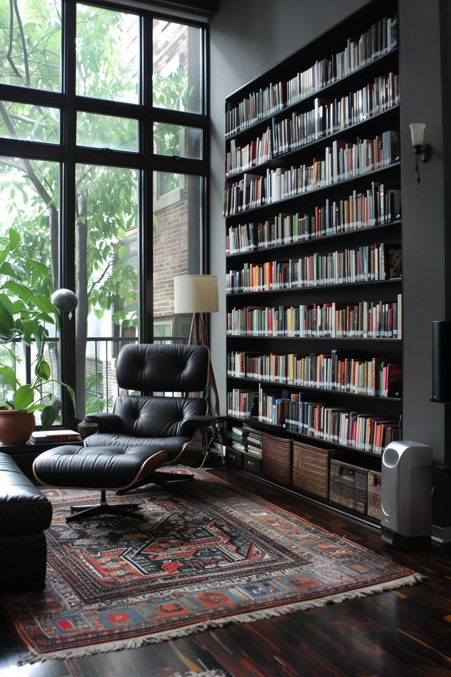 Cozy reading nook with a black leather chair, a large bookshelf, and a colorful rug, by a window overlooking trees.